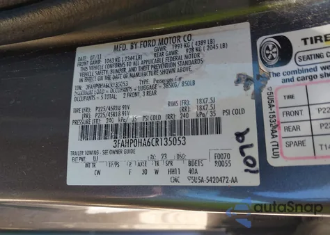 2012 Ford Fusion Se from USA, damaged, VIN 3FAHP0HA6CR135053